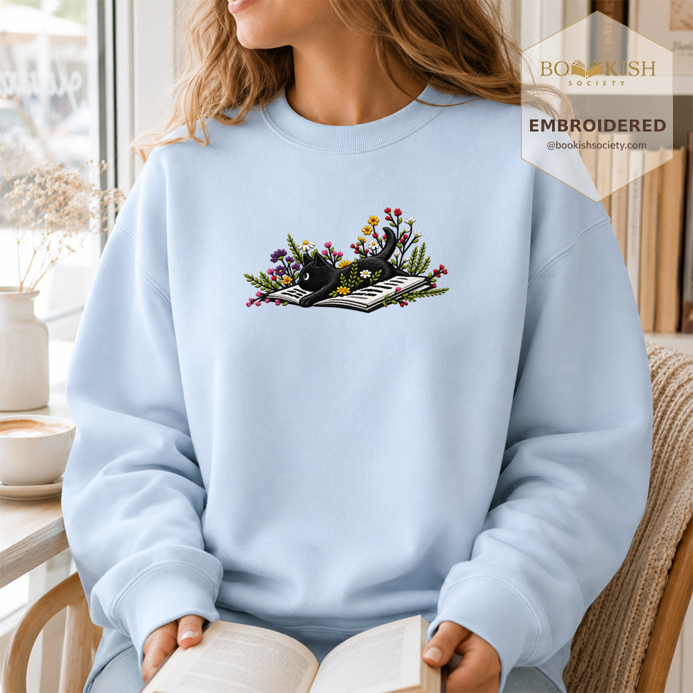 Cat and Book Embroidered Sweatshirt | Reader Gift Light Blue