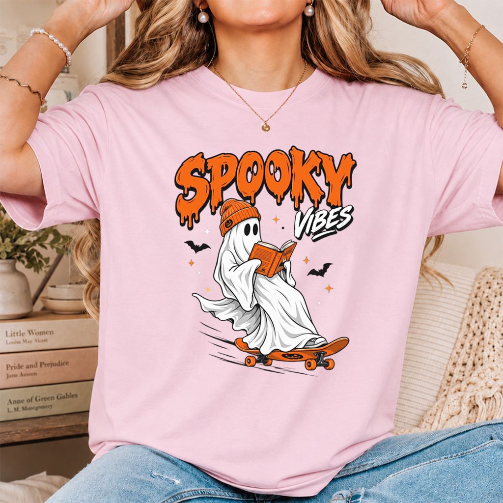 Spooky Vibes Printed T-Shirt | Halloween Book Lover Gift Light Pink