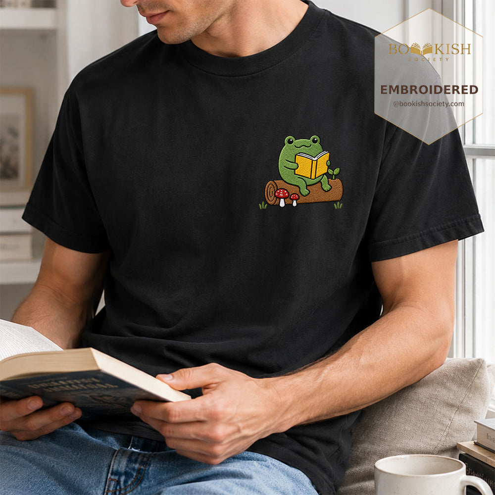 Embroidered Frog on Log Reading Book Comfort Color® T-shirt Book Lover Gift Black