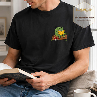Embroidered Frog on Log Reading Book Comfort Color® T-shirt Book Lover Gift Black