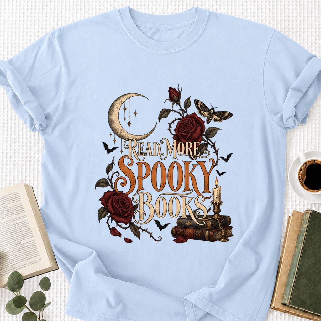 Read More Spooky Books Printed T-Shirt | Halloween Book Lover Gift Light Blue