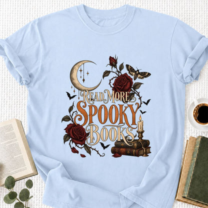 Read More Spooky Books Printed T-Shirt | Halloween Book Lover Gift Light Blue