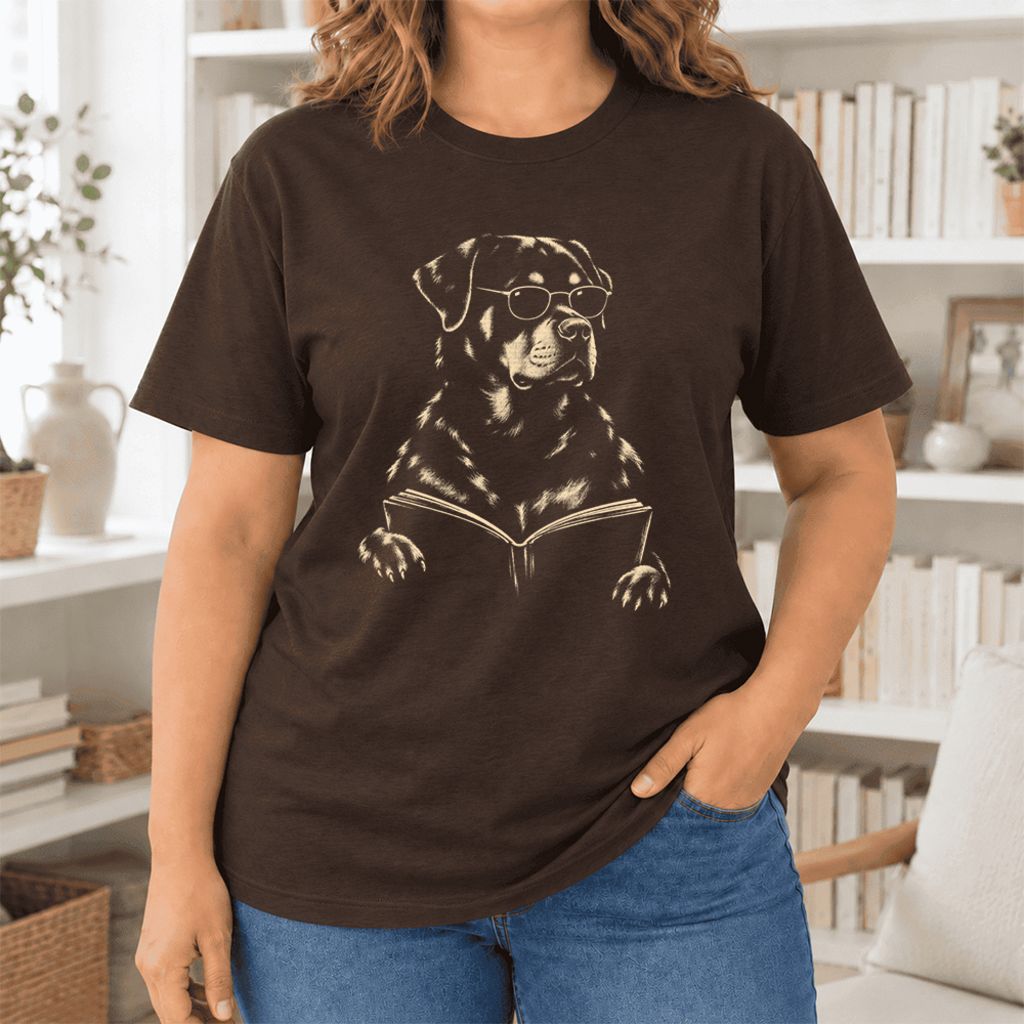 Rottweiler Reading Book Ultra-Soft Cotton T-Shirt | Dog Mom Reader Gift Brown