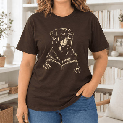 Rottweiler Reading Book Ultra-Soft Cotton T-Shirt | Dog Mom Reader Gift Brown