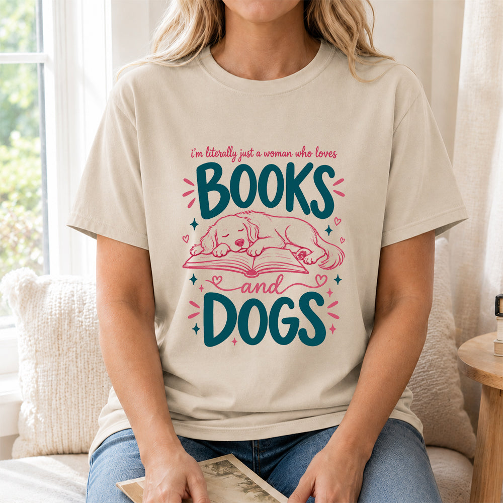 Just A Woman Who Loves Books and Dogs Cotton T-Shirt | Dog Lover & Reader Gift Sand