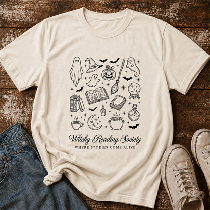 Witchy Reading Society Printed T-Shirt | Halloween Reader Gift Natural