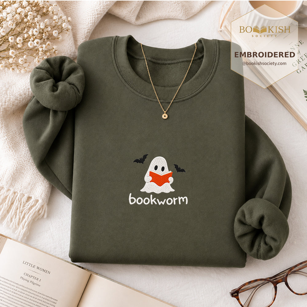Bookworm Embroidered Sweatshirt | Halloween Book Lover Gift Military Green