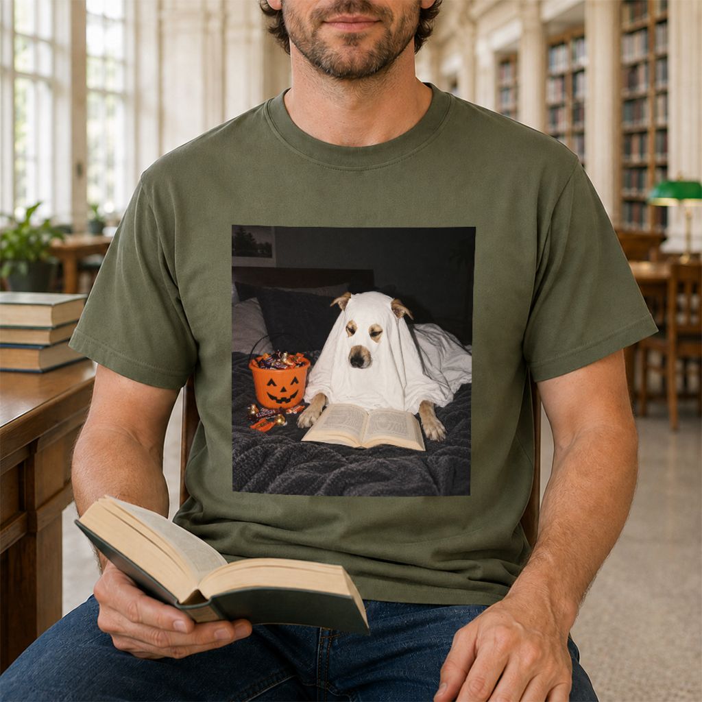 Cute Reading Ghost Dog Printed T-Shirt | Halloween Book Lover Gift Military Green
