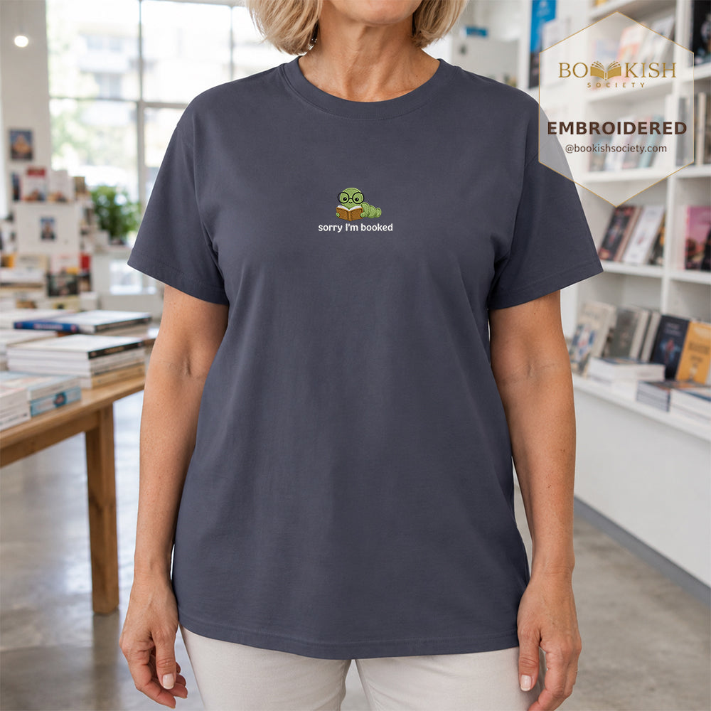 Sorry I'm Booked Embroidered Comfort Color® T-shirt | Book Lover Gift Denim