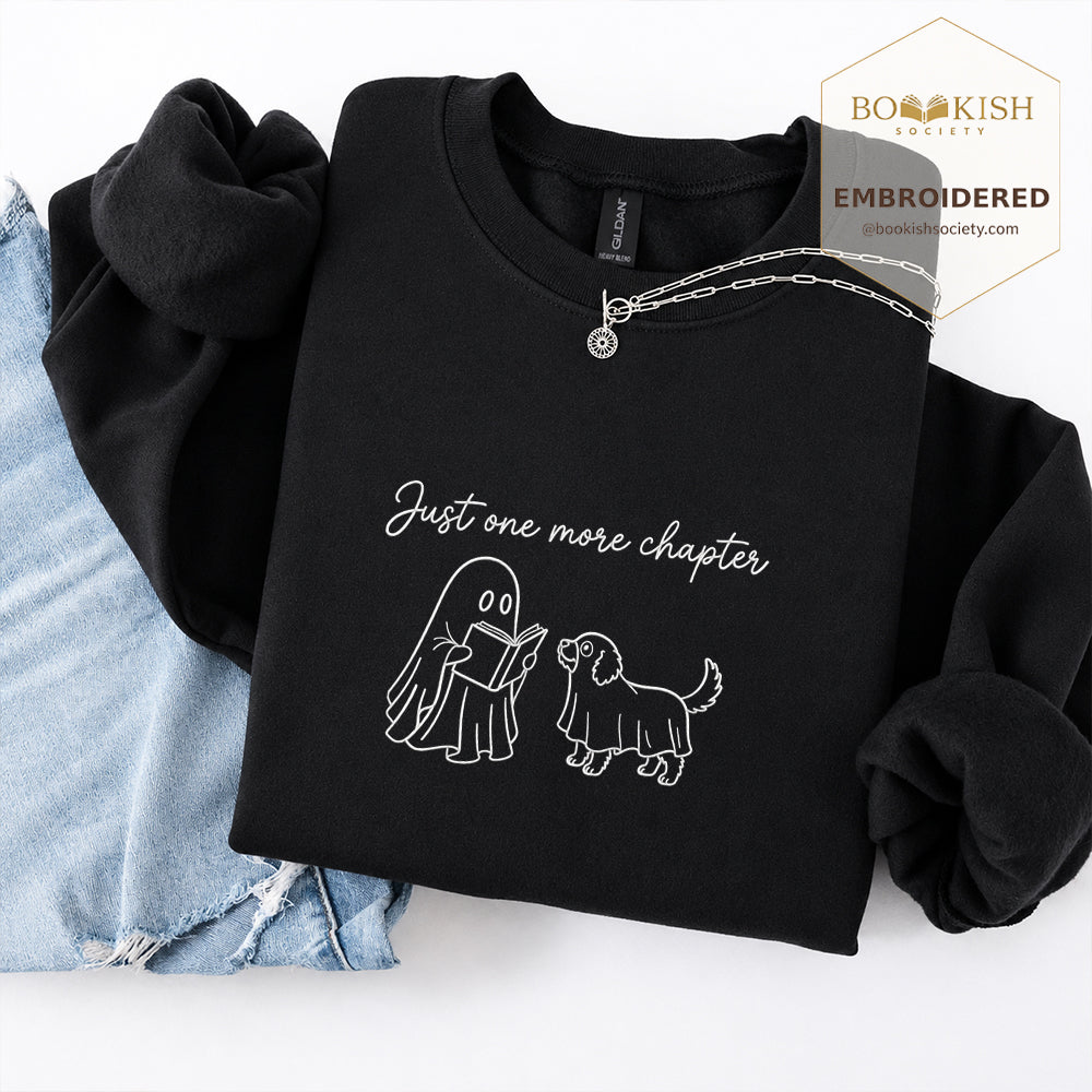 Easily Just One More Chapter Halloween Embroidered Sweatshirt | Reader Gift Black