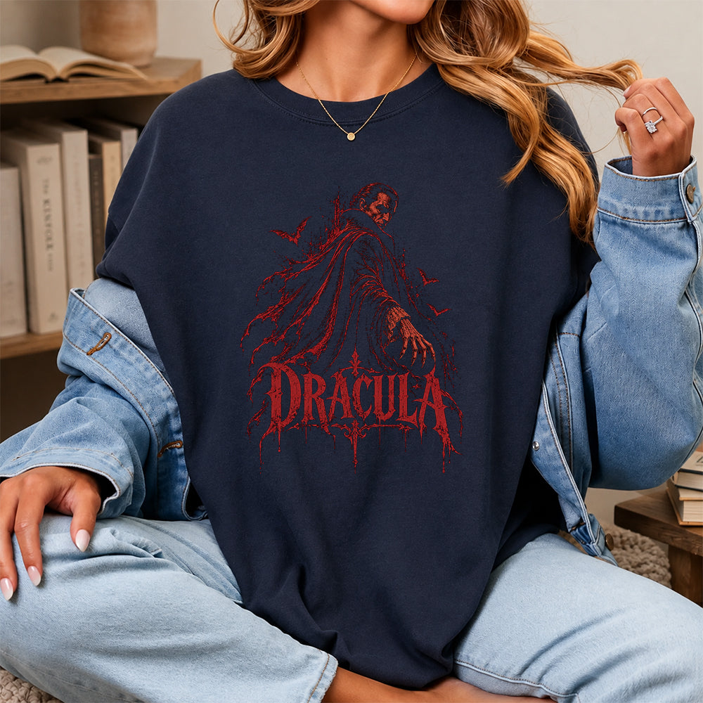 Dracula Printed T-Shirt | Halloween Horror Book Lover Gift Navy