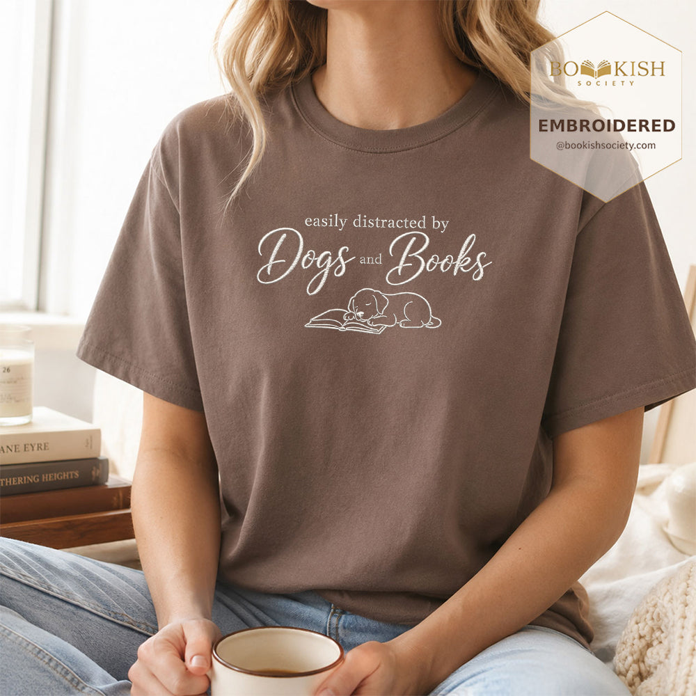Easily Distracted By Dogs And Books Embroidered Comfort Color® T-shirt | Book Lover Gift Espresso