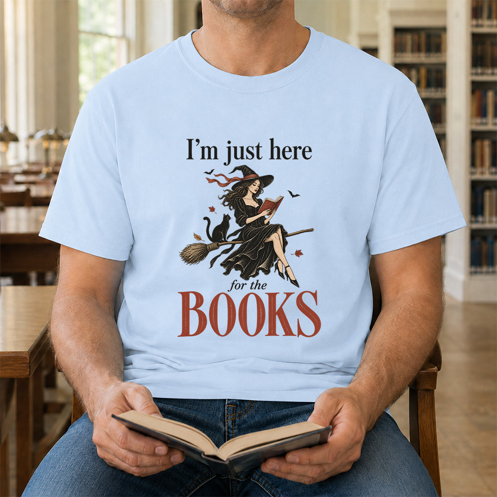 I'M Just Here For The Books Printed T-Shirt | Halloween Book Lover Gift Light Blue