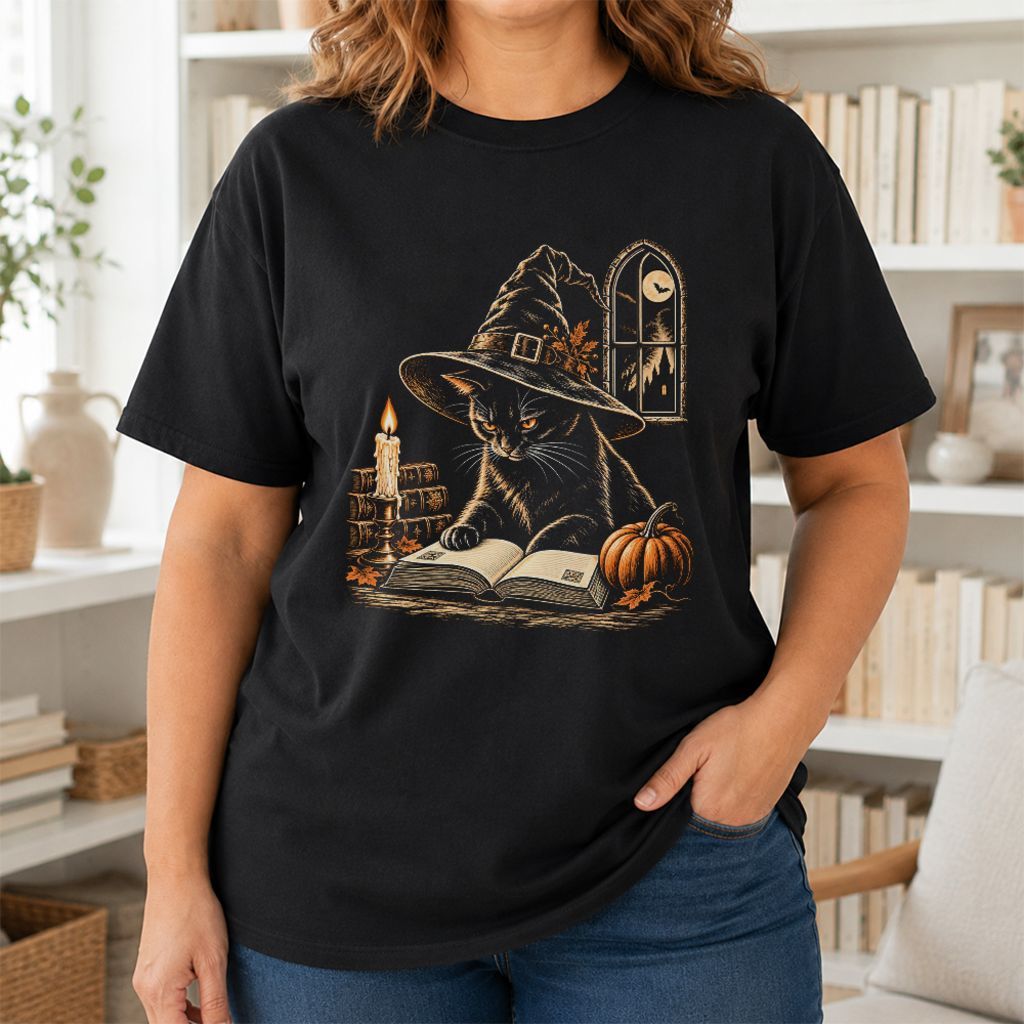 Reading Black Cat Witch Printed T-Shirt | Halloween Book Lover Gift Black