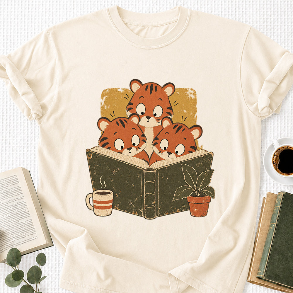 Minimal Japanese Tigers Reading Softstyle T-Shirt | Book Lover Gift Natural