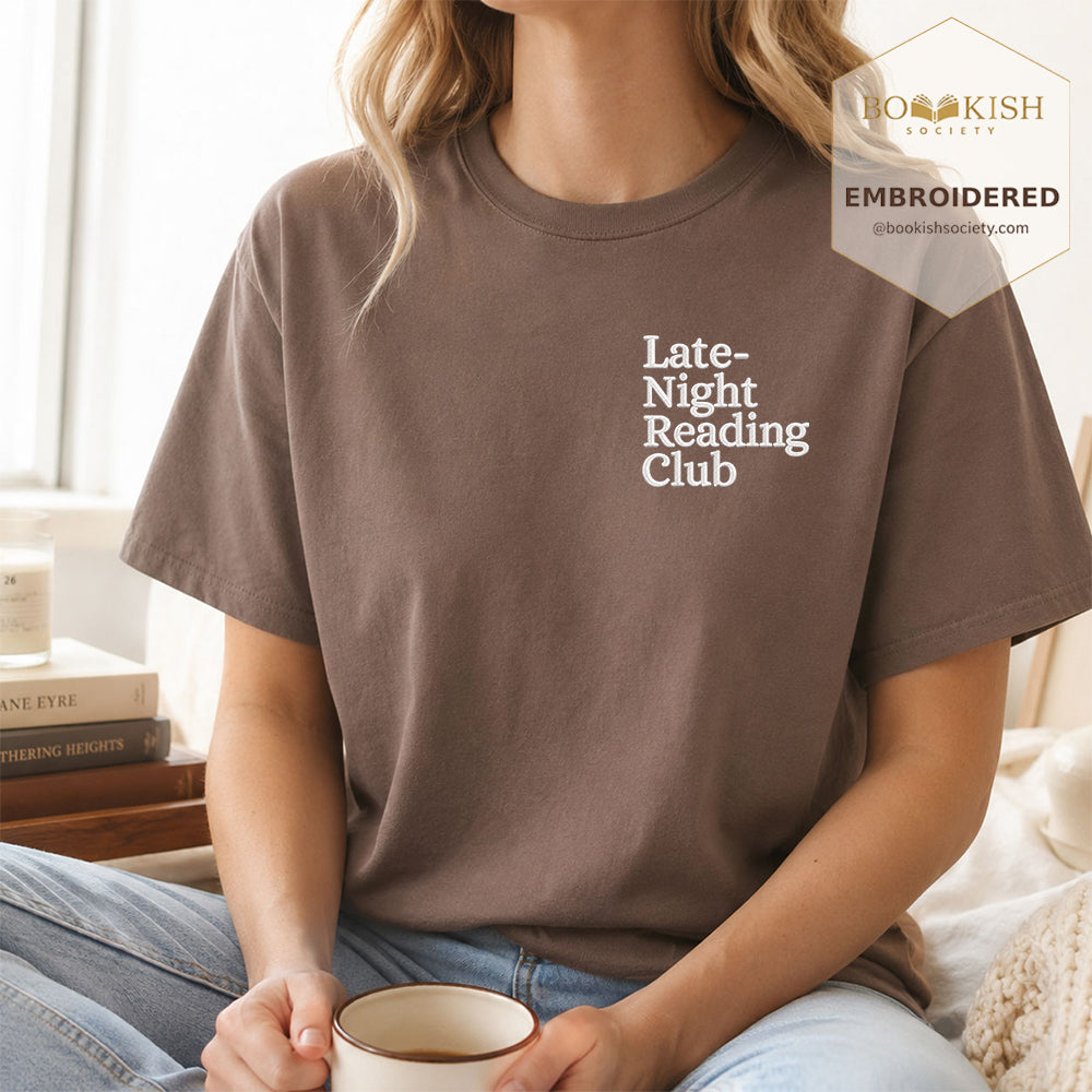 Late Night Reading Club Embroidered Comfort Color® T-shirt | Book Lover Gift Espresso