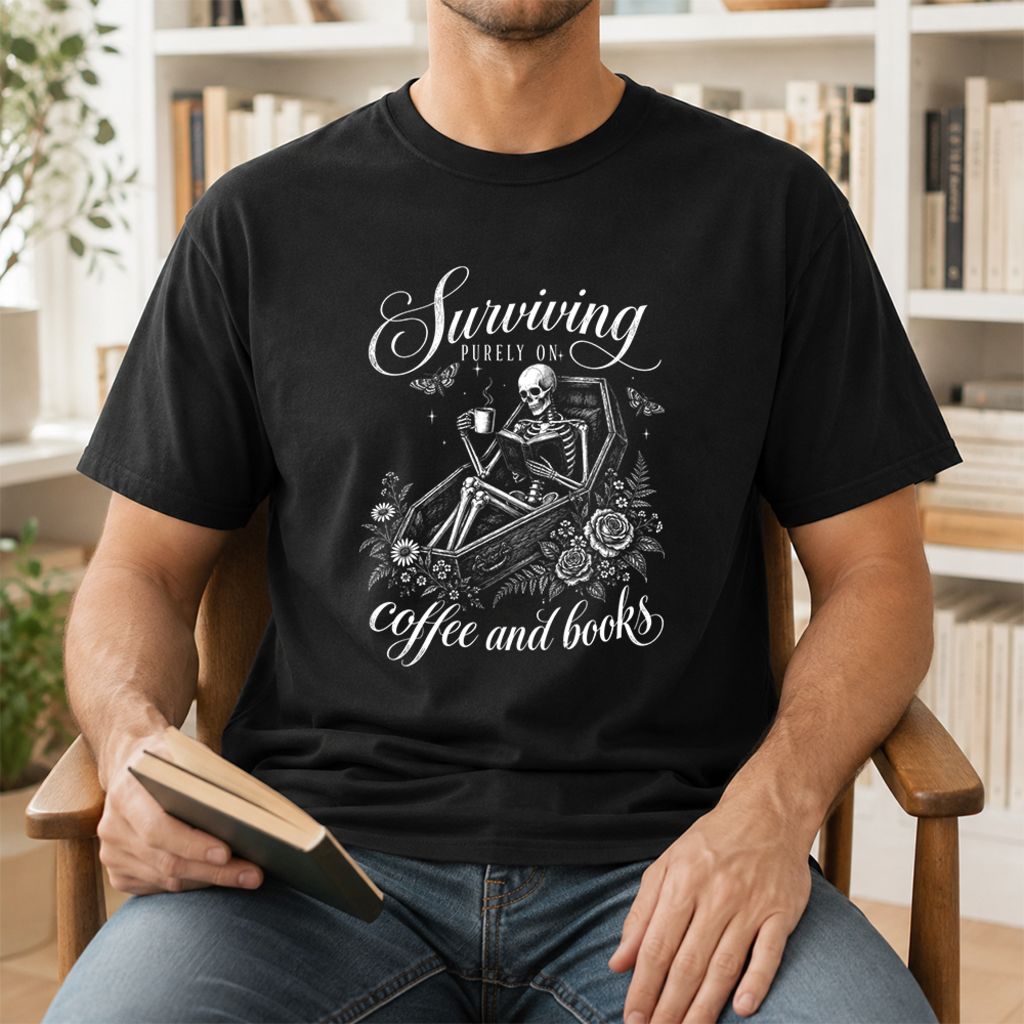 Surviving Purely On Coffee And Books Printed T-Shirt | Halloween Book Lover Gift Black
