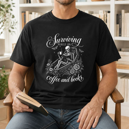 Surviving Purely On Coffee And Books Printed T-Shirt | Halloween Book Lover Gift Black