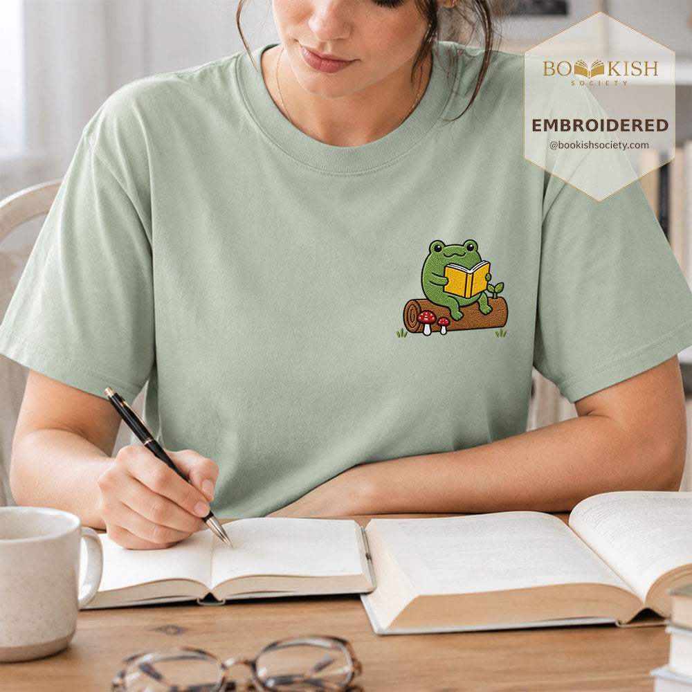 Embroidered Frog on Log Reading Book Comfort Color® T-shirt Book Lover Gift Bay