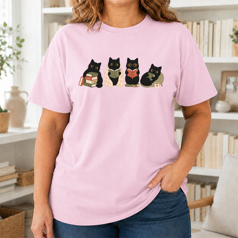 Black Cats Reading Softstyle T-Shirt | Book Lover Gift Light Pink