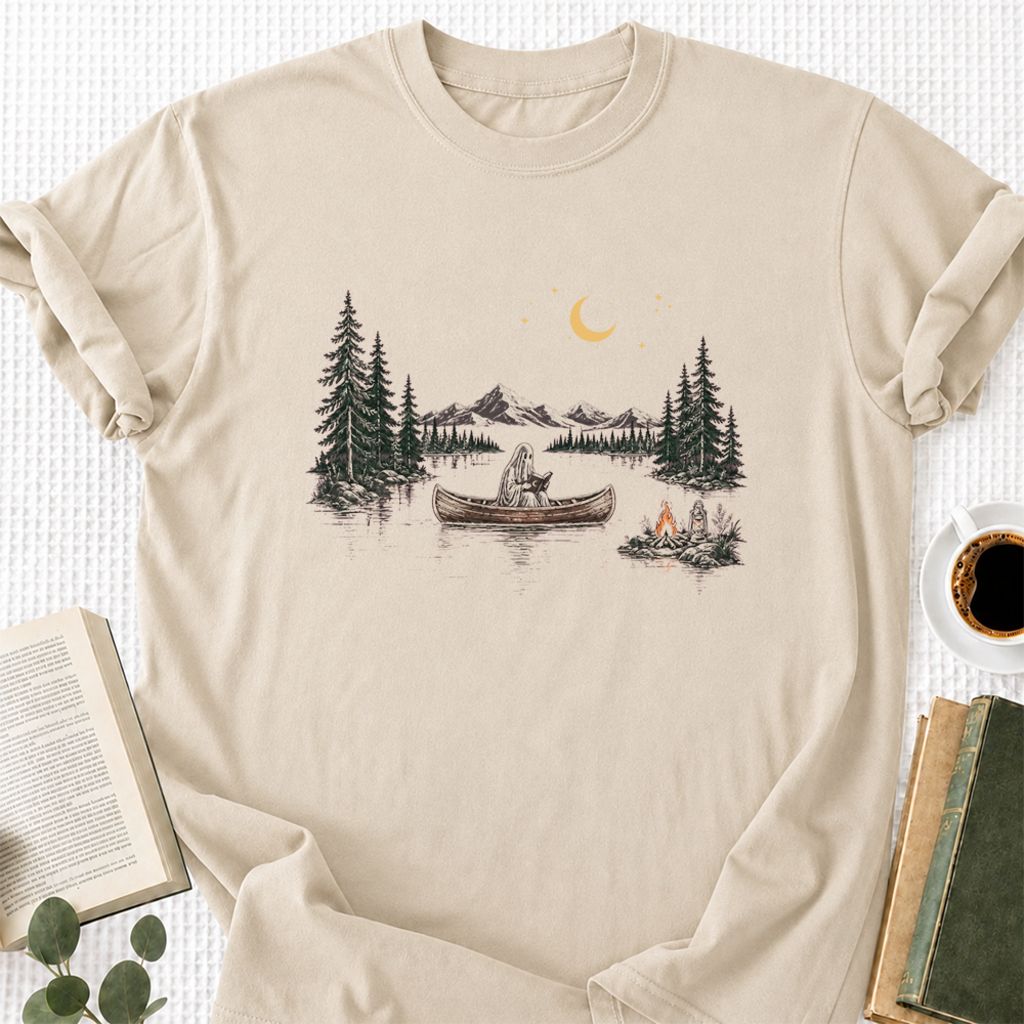 Reading Ghost On The Boat Printed T-Shirt | Spooky Book Lover Gift Sand
