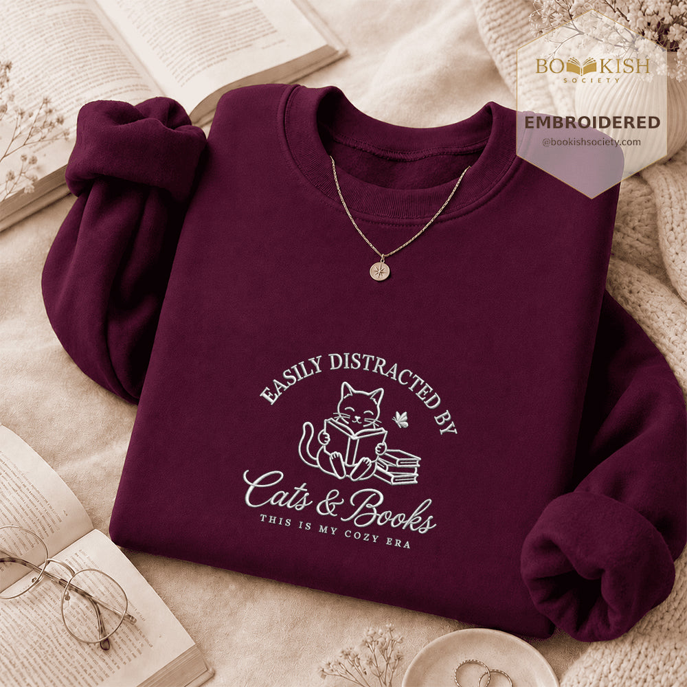Easily Distracted By Cats And Books V2 Embroidered Sweatshirt | Reader Gift Maroon