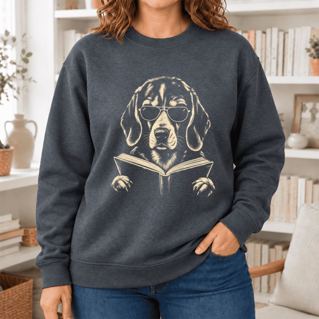 Beagle Reading Book Softstyle Sweatshirt | Dog Mom Reader Gift Dark Heather