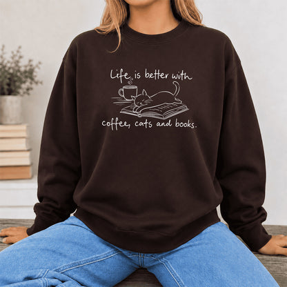 Funny Cats and Books Crewneck Sweatshirt | Reader Gift Dark Chocolate