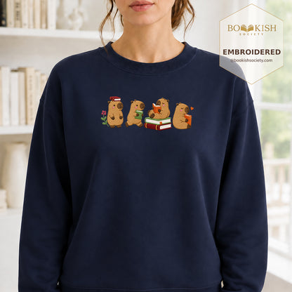 Reading Capybaras Embroidered Sweatshirt | Reader Gift Navy