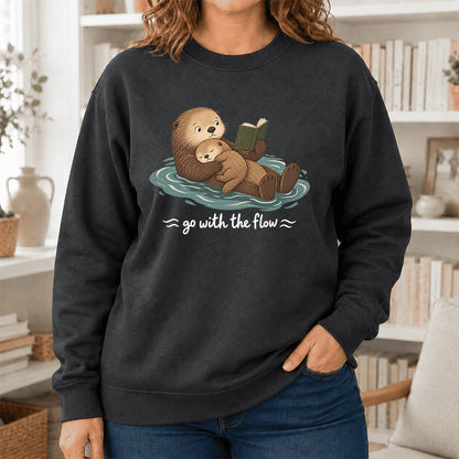 Go With The Flow Otter Reading Crewneck Sweatshirt | Reader Gift Dark Heather