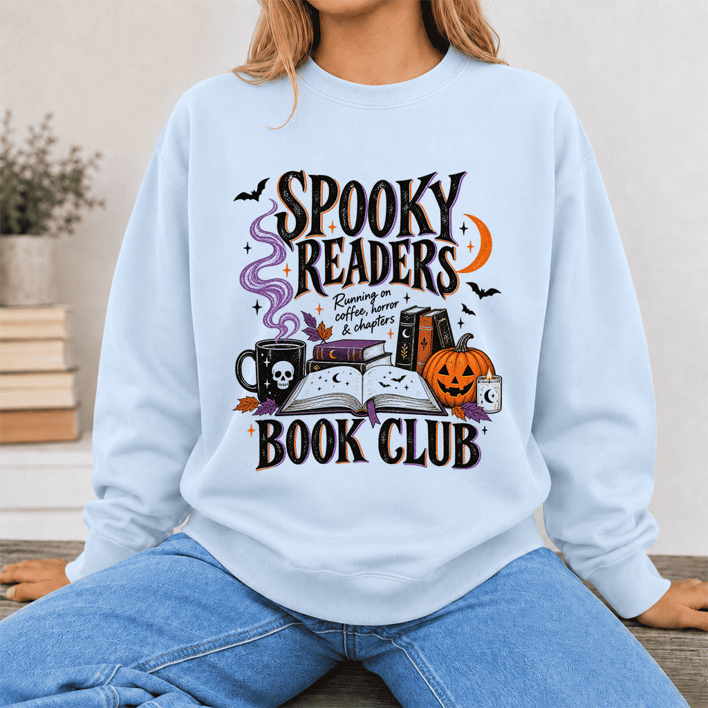 Spooky Readers Book Club Printed Sweatshirt | Halloween Book Lover Gift Light Blue