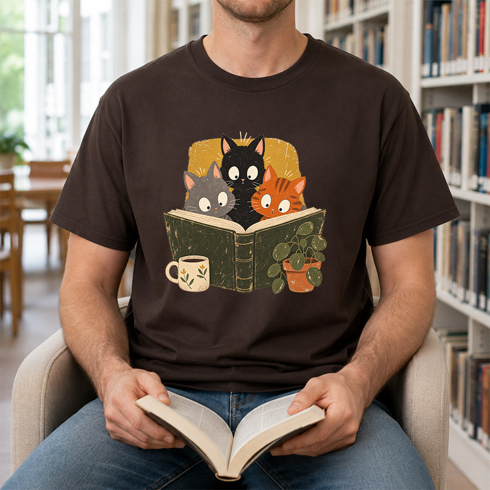 Minimal Japanese Cats Reading Softstyle T-Shirt | Book Lover Gift Dark Chocolate