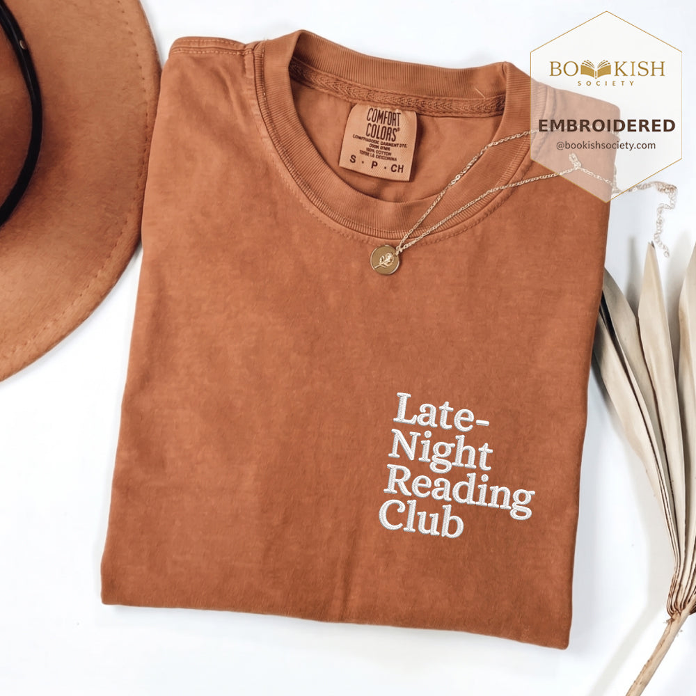 Late Night Reading Club Embroidered Comfort Color® T-shirt | Book Lover Gift Yam