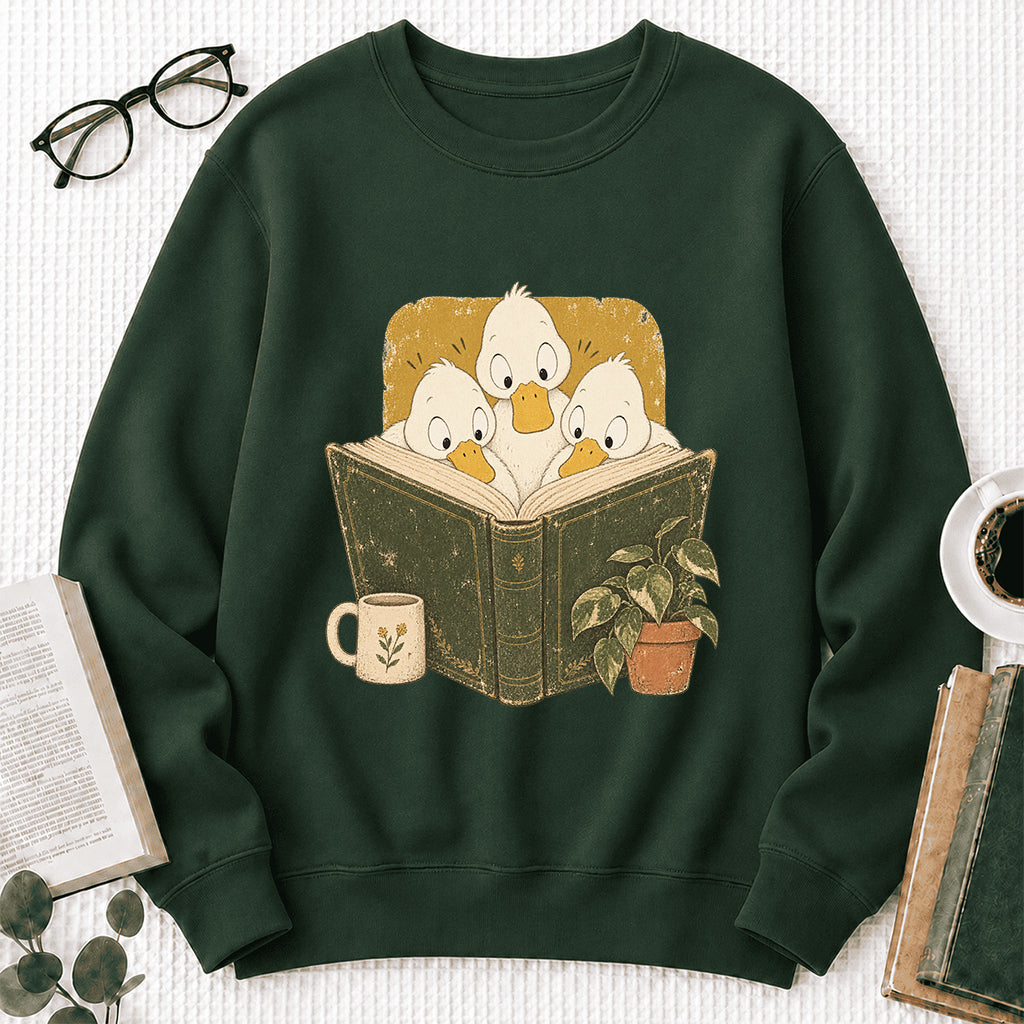 Minimal Japanese Ducks Reading Crewneck Sweatshirt | Reader Gift Forest Green