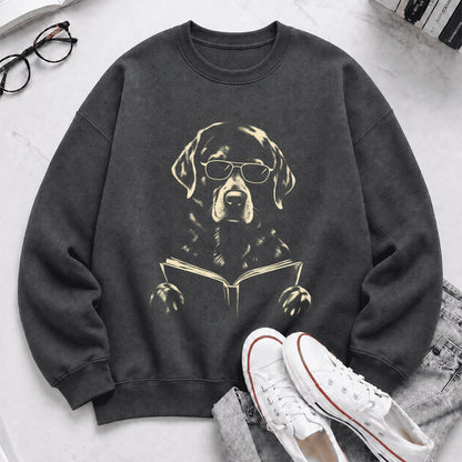 Labrador Retriever Reading Book Crewneck Sweatshirt | Reader Gift Dark Heather
