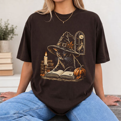 Reading Black Cat Witch Printed T-Shirt | Halloween Book Lover Gift Dark Chocolate