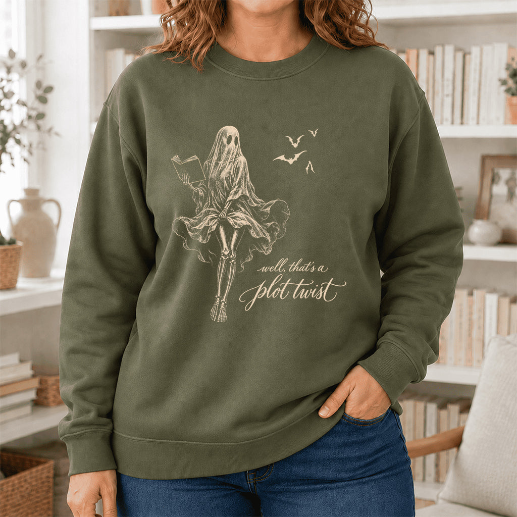 Funny Dress-Wearing Bookworm Ghost Printed Sweatshirt | Halloween Reader Gift Military Green