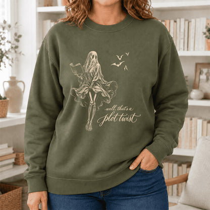 Funny Dress-Wearing Bookworm Ghost Printed Sweatshirt | Halloween Reader Gift Military Green