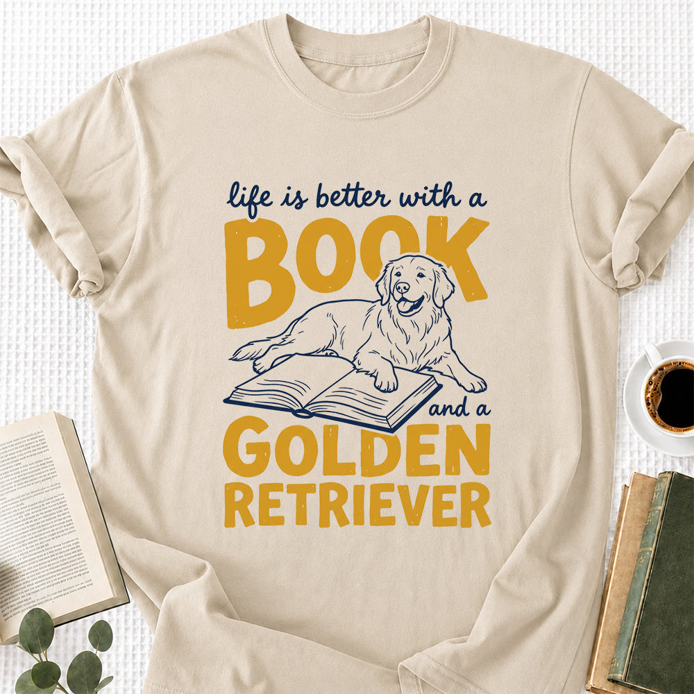 Life Is Better With A Book And A Golden Retriever Softstyle T-Shirt | Book Lover Gift Sand