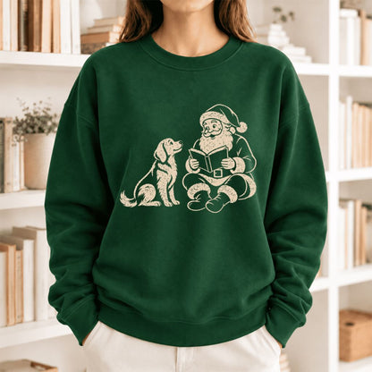 Funny Dog With Reading Santa Softstyle Sweatshirt | Christmas Book Lover Gift Forest Green
