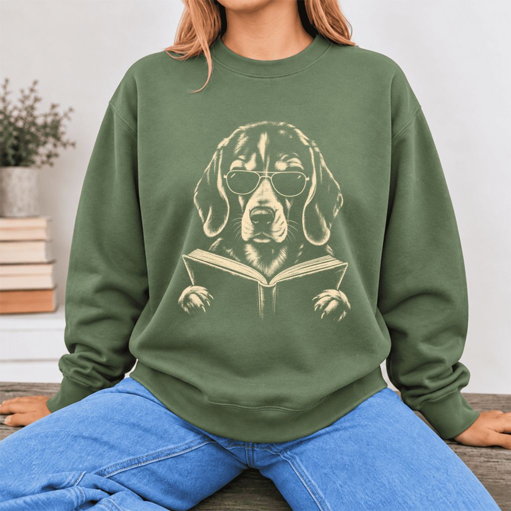 Beagle Reading Book Softstyle Sweatshirt | Dog Mom Reader Gift Military Green