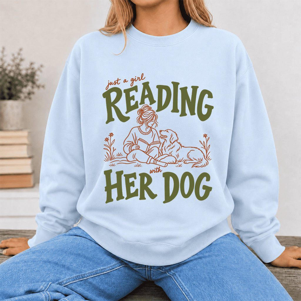 Just A Girl Reading With Her Dog Crewneck Sweatshirt | Reader Gift Light Blue