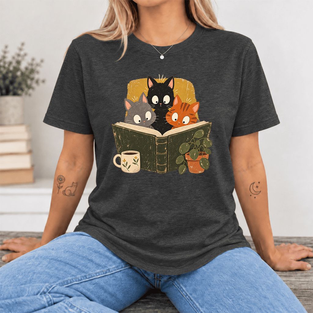 Curious Reading Cats Ultra-Soft Cotton T-Shirt | Cat Lover Reader Gift Dark Grey Heather