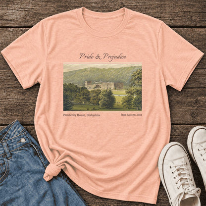 Pemberley House Pride And Prejudice Ultra-Soft Cotton T-Shirt | Gift Heather Peach