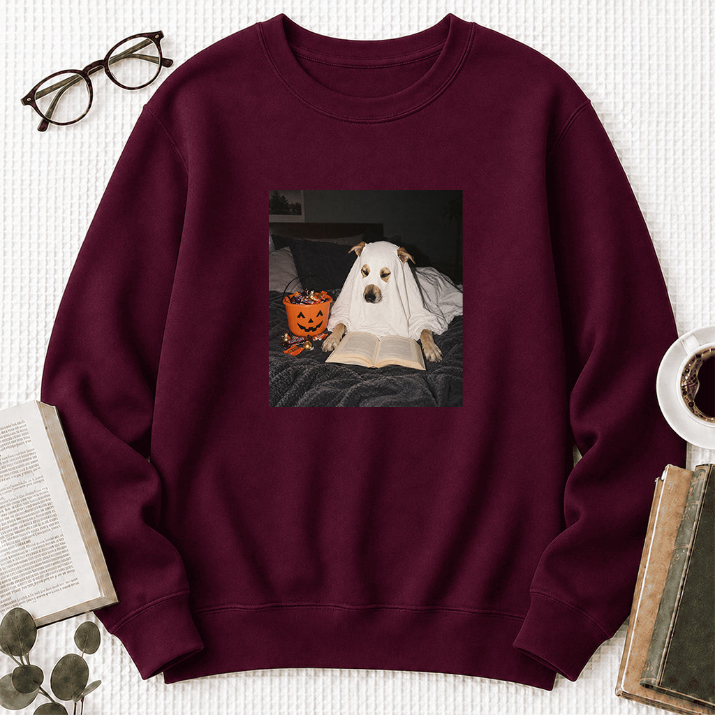 Cute Reading Ghost Dog Printed Sweatshirt | Halloween Book Lover Gift Maroon