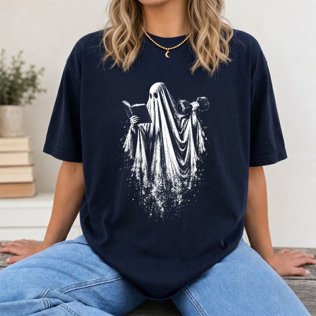 Reading Gym Ghost Printed T-Shirt | Halloween Book Lover Gift Navy