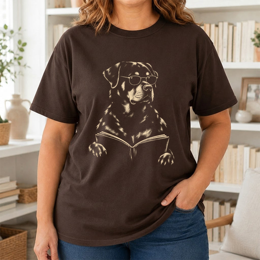 Rottweiler Reading Book Softstyle T-Shirt | Book Lover Gift Dark Chocolate