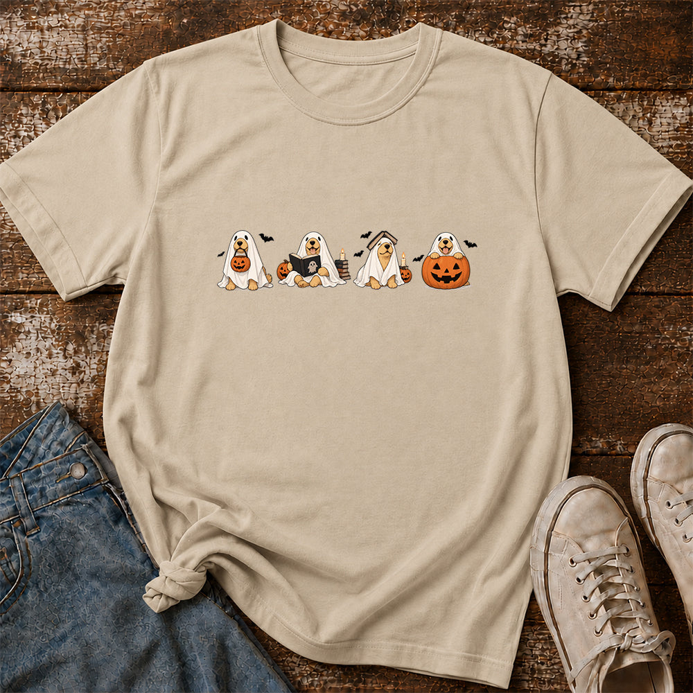 Spooky Golden Retrievers Book Club Printed T-Shirt | Halloween Book Lover Gift Sand