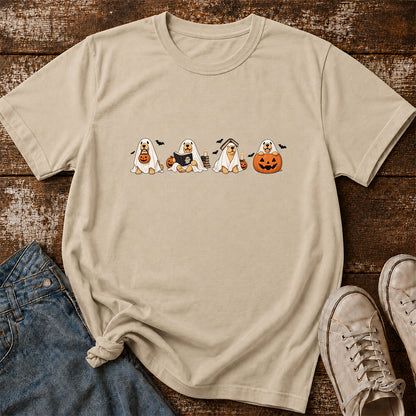 Spooky Golden Retrievers Book Club Printed T-Shirt | Halloween Book Lover Gift Sand