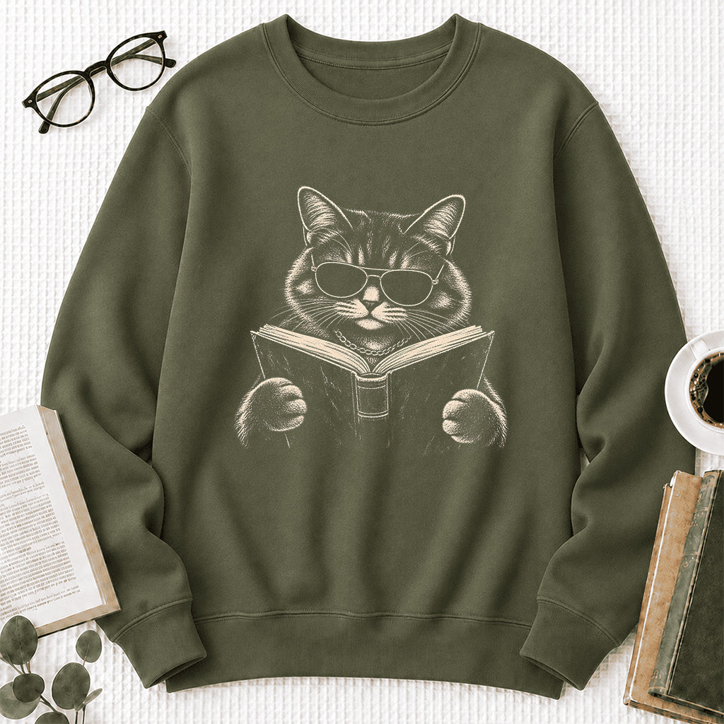 Cat Reading Book Crewneck Sweatshirt | Reader Gift Military Green
